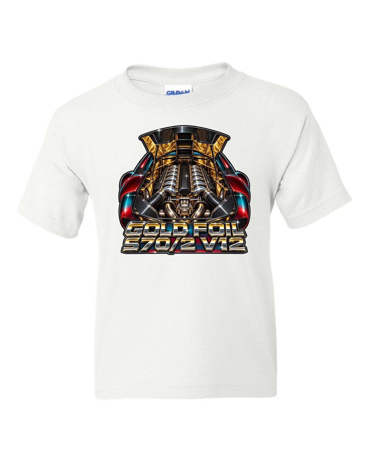 80s airbrush chrome print of the McLaren F1 gold foil engine bay with S70/2 V12 lettering white kids tee front view with the design