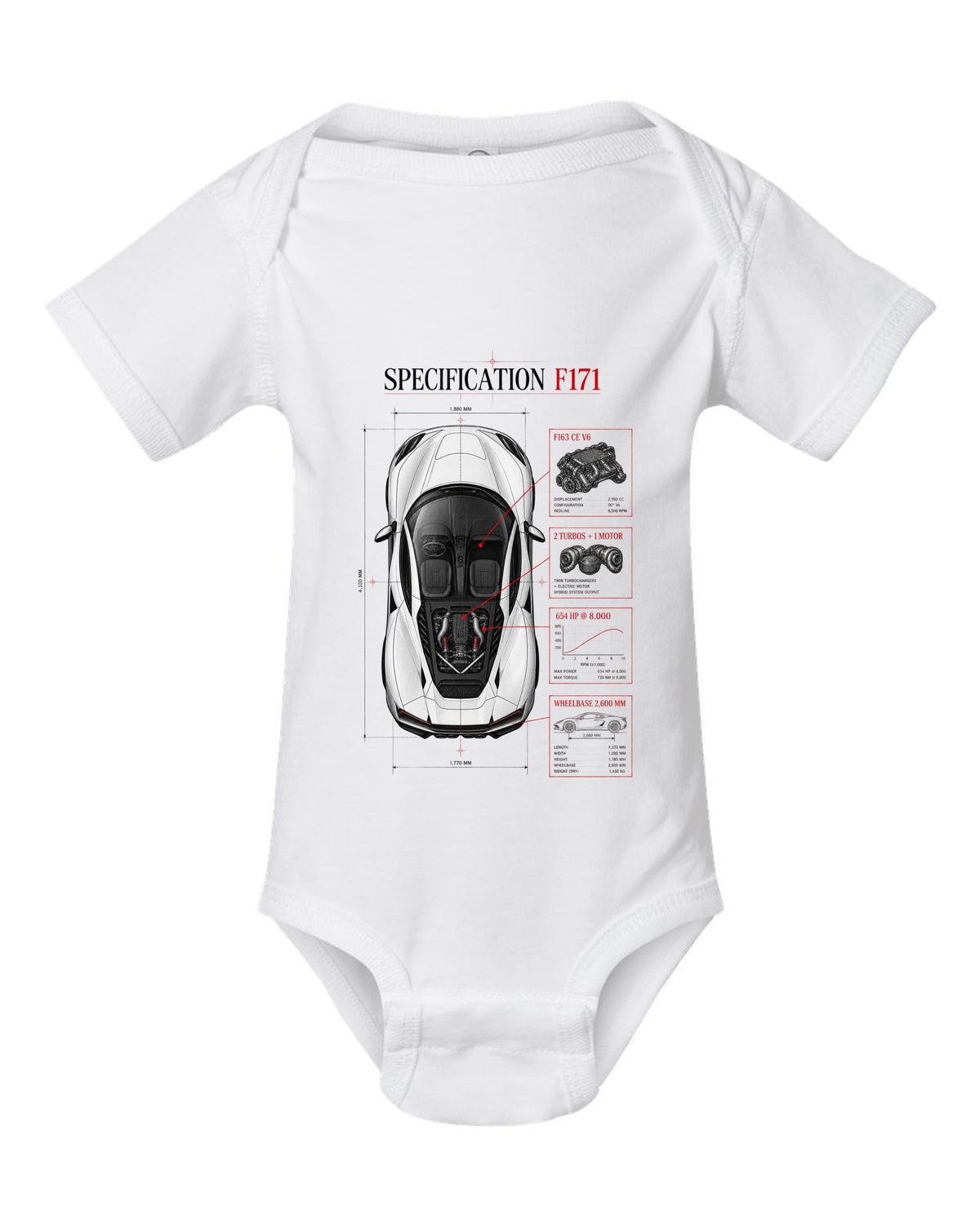 Top-down spec poster print of a Ferrari 296 GTB F171 with wheelbase and F163 CE V6 details white baby onesie front view with the design