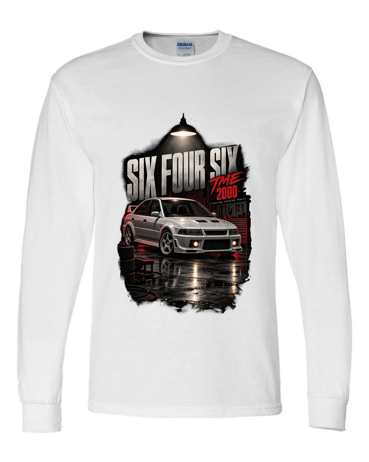 Garage night print for the Mitsubishi Lancer Evolution VI TME CP9A reading Six Four Six, titanium turbine wheel, 2000 white long sleeve front view with the design