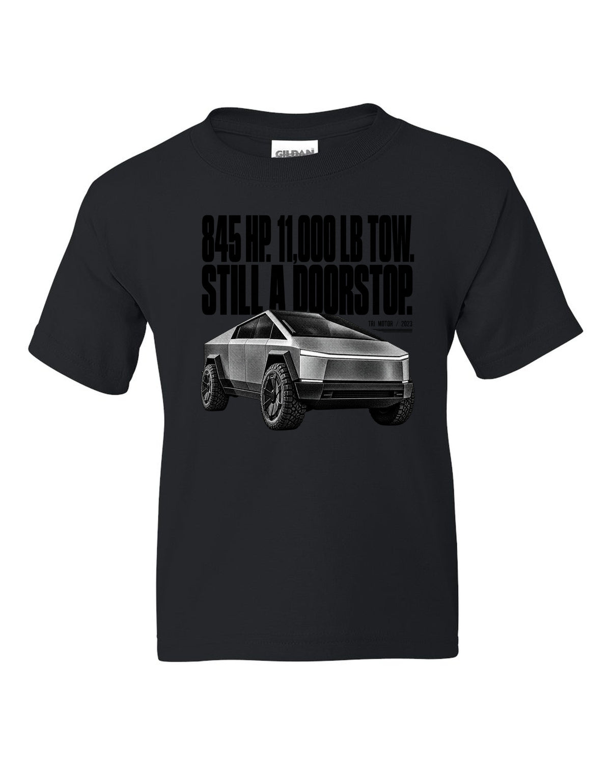 Halftone Tesla Cybertruck Cyberbeast front three-quarter with 845 HP and 11,000 lb tow text black kids tee front view with the design