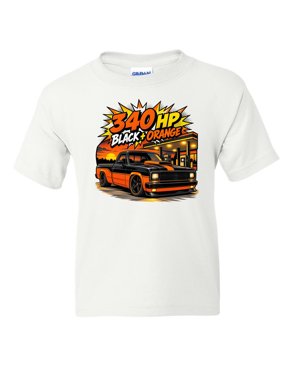 Ford F-150 SVT Lightning Harley edition in a comic halftone pop-art print white kids tee front view with the design