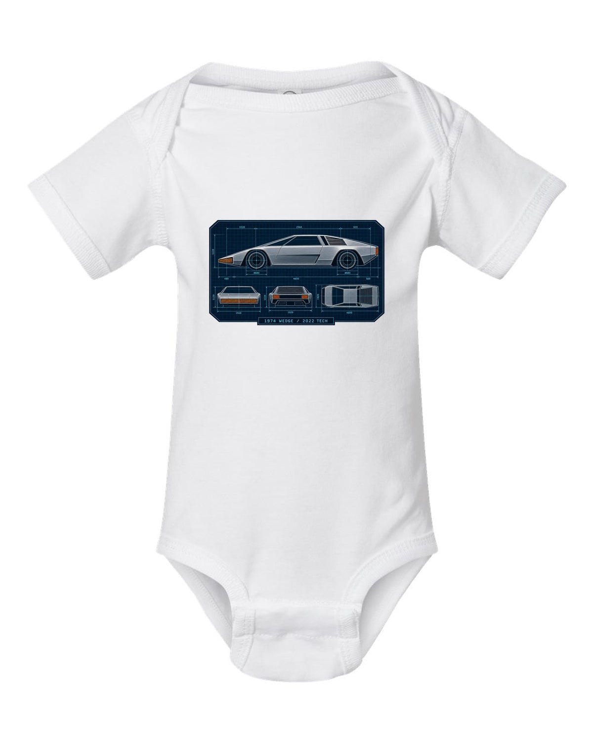 Technical orthographic blueprint print of the Hyundai N Vision 74 concept with 1974 wedge 2022 tech text white baby onesie front view with the design