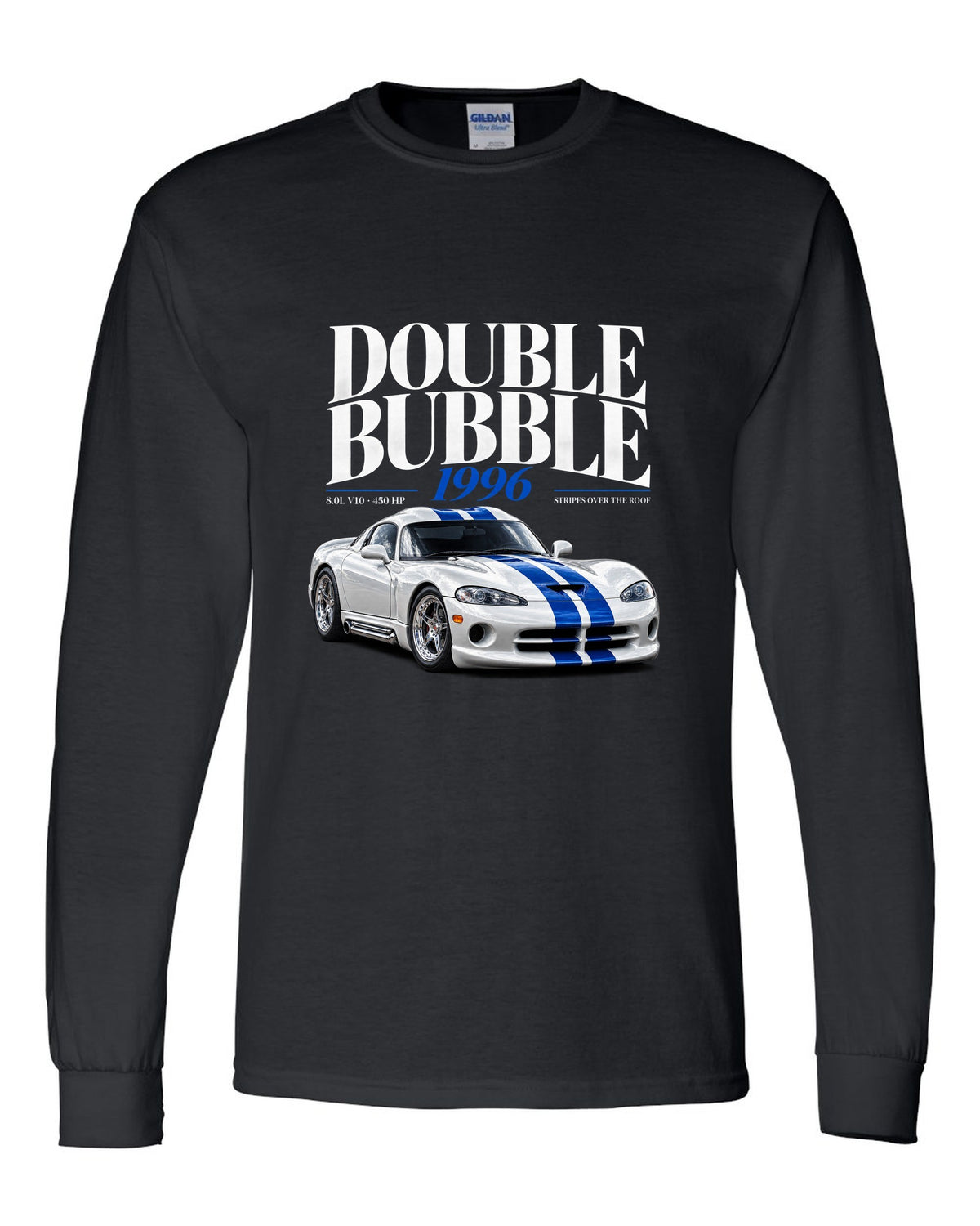 Editorial headline print of a 1996 Dodge Viper GTS SR II with double bubble and 8.0L V10 text black long sleeve front view with the design