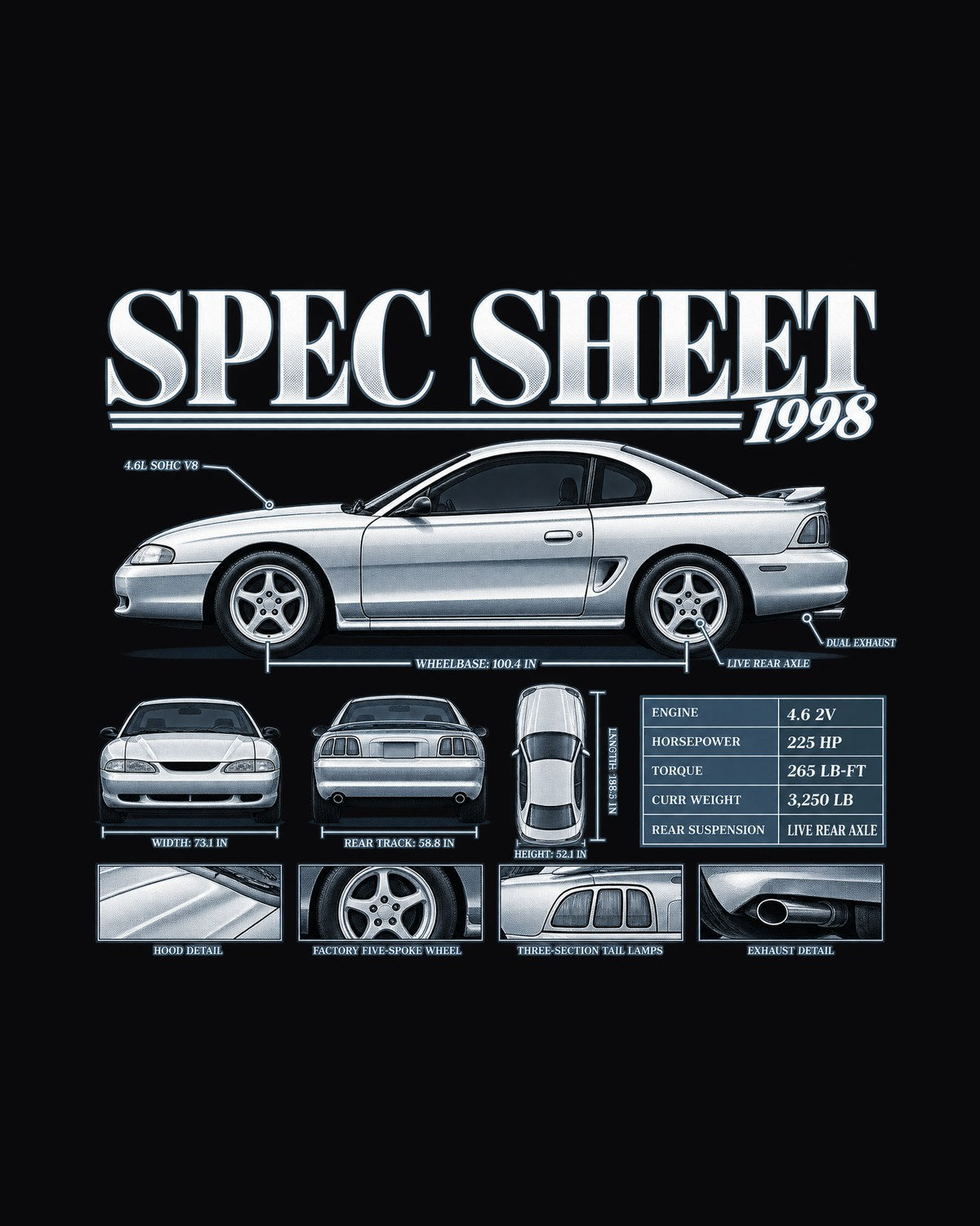 SN95 Mustang GT 1998 Spec Sheet Poster Shirt design only