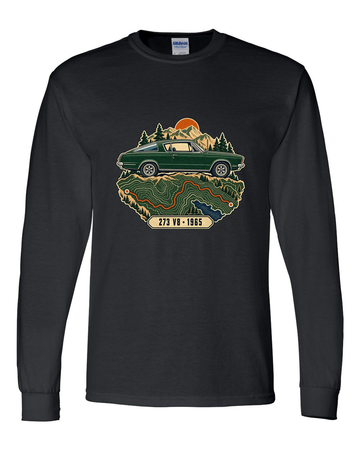 Topographic route map design with a 1965 Plymouth Barracuda fastback and 273 V8 lettering black long sleeve front view with the design