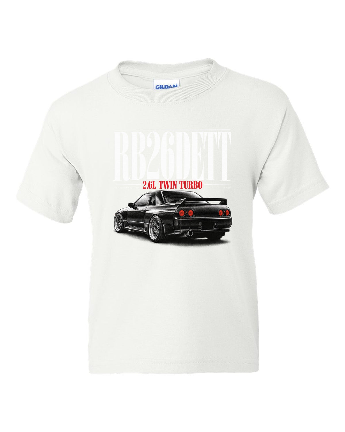 Editorial headline print of a Nissan Skyline GT-R R32 BNR32 with RB26DETT text white kids tee front view with the design