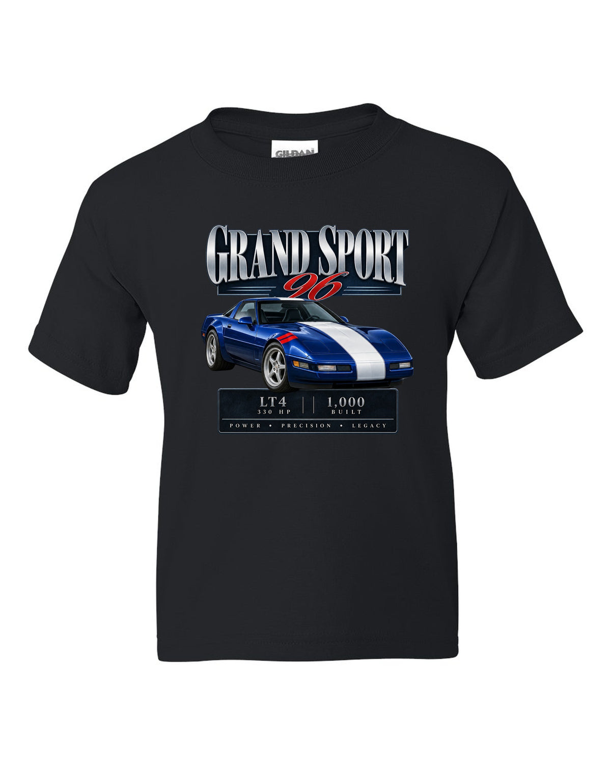 Chevrolet Corvette C4 Grand Sport 1996 archive panel print black kids tee front view with the design