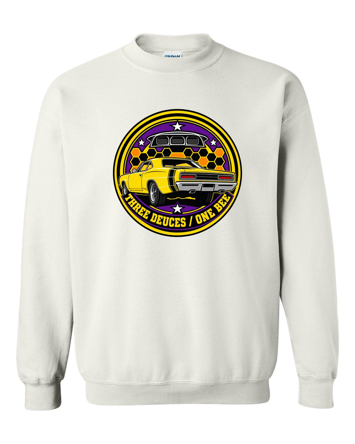 Round crest design for the 1969 Dodge Coronet Super Bee reading three deuces one bee white crewneck front view with the design