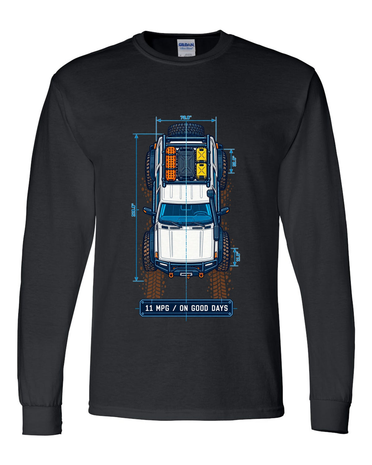 Top-down blueprint line art of a Toyota Land Cruiser FJ80 with roof rack and 11 MPG lettering black long sleeve front view with the design