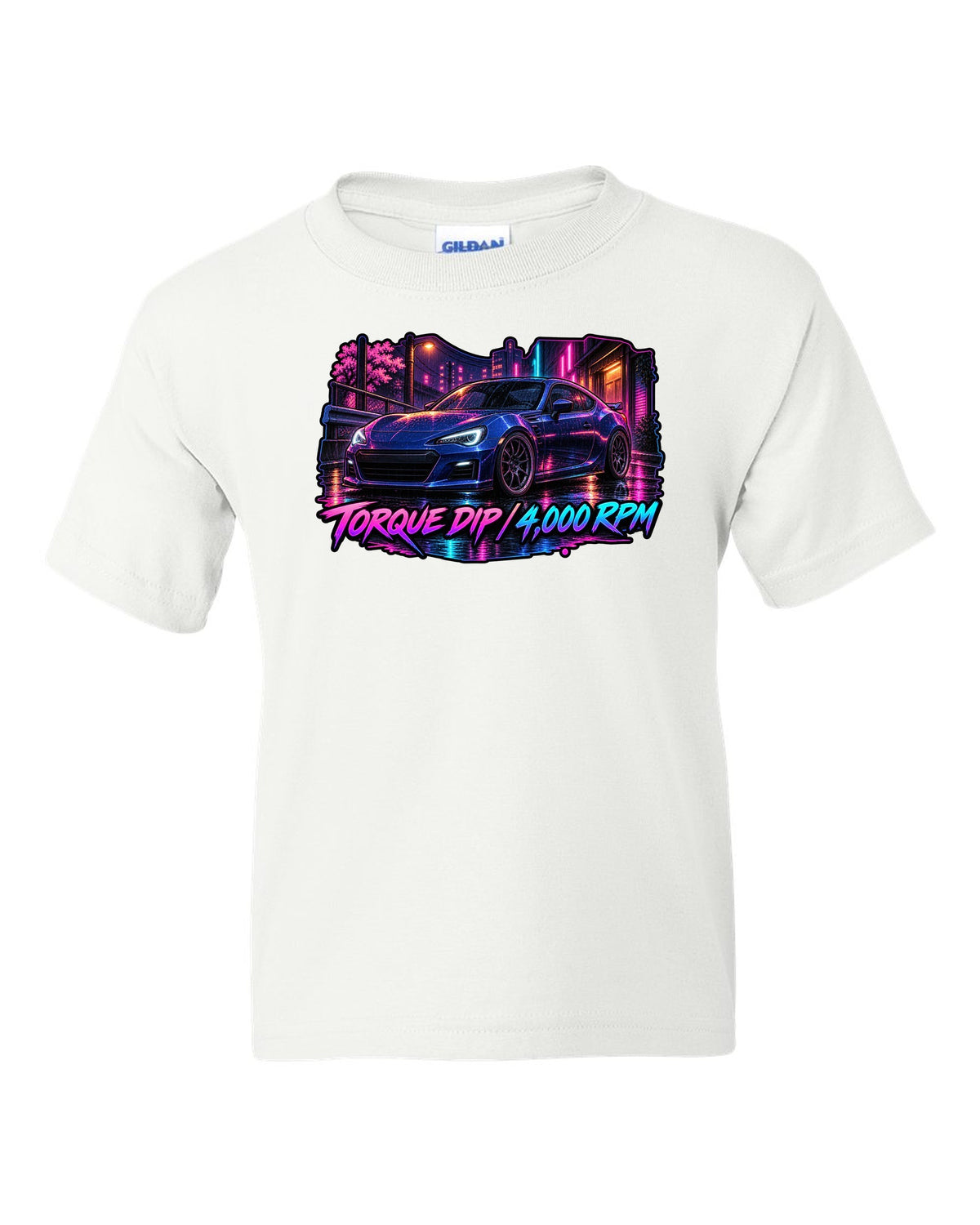 Spray-paint graffiti style Subaru BRZ ZD8 drifting with FA24 2.4L dip fixed text white kids tee front view with the design