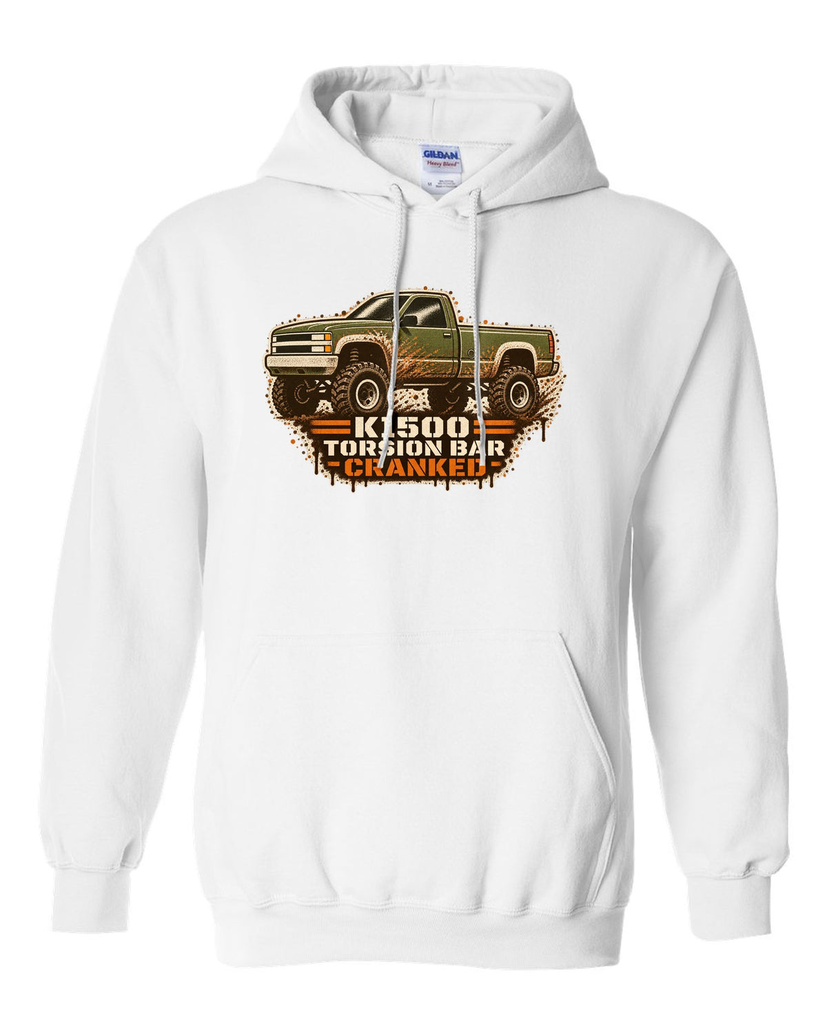Stencil spray street-art print of a 1988-98 Chevrolet GMT400 K1500 Z71 OBS with torsion bar text white pull over hoodie front view with the design