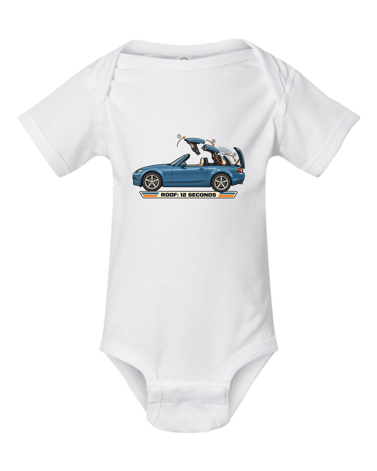 Exploded cutaway diagram of the Mazda MX-5 NC PRHT roof fold mechanism white baby onesie front view with the design