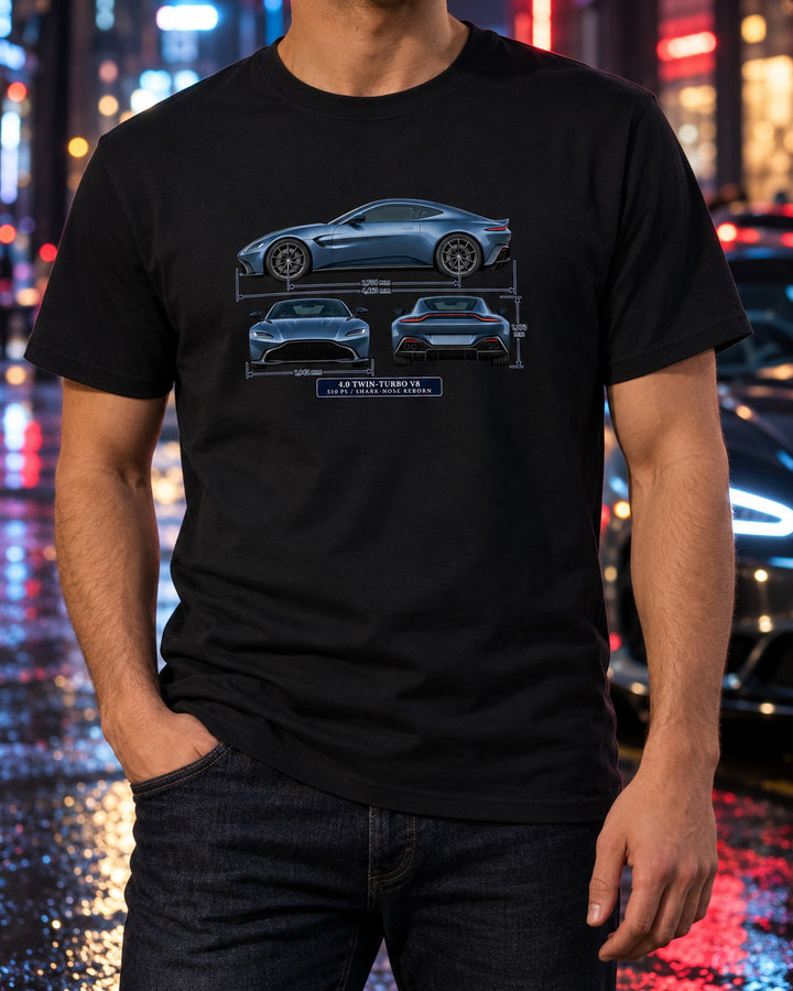 Aston Martin Vantage 2018 Three-View Spec Table Tee, 4.0 V8 T-Shirt Black worn hero