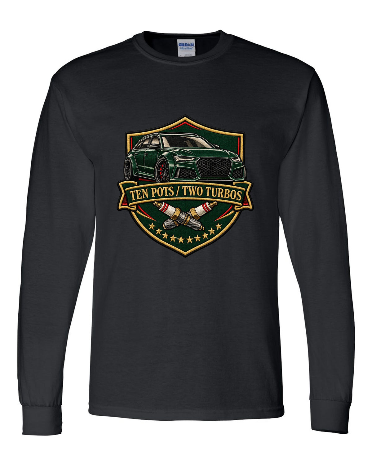 Varsity-style crest design of the Audi RS6 Avant C6 4F with ten pots two turbos lettering black long sleeve front view with the design