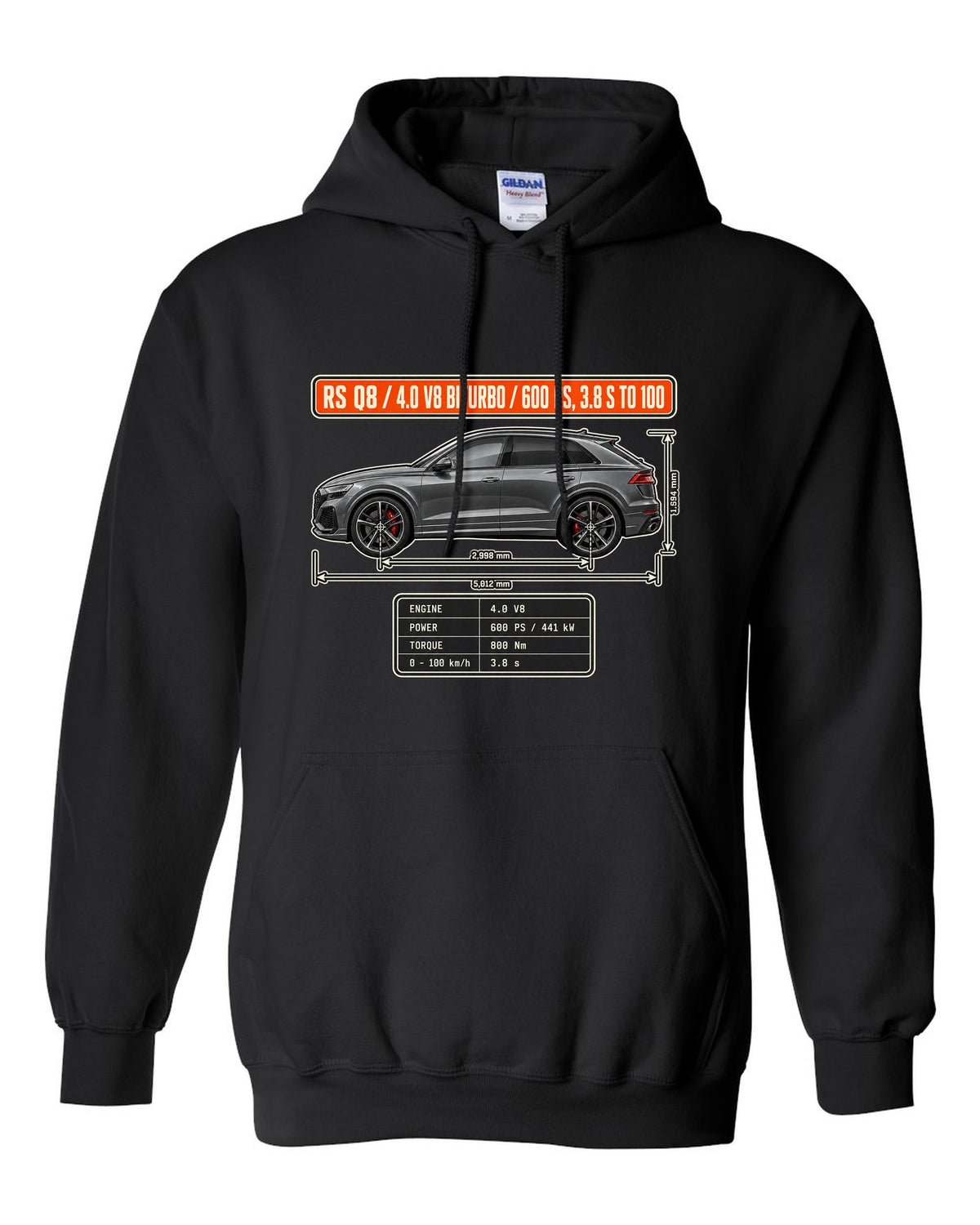Audi RS Q8 dimension blueprint print with V8 biturbo specs black pull over hoodie front view with the design