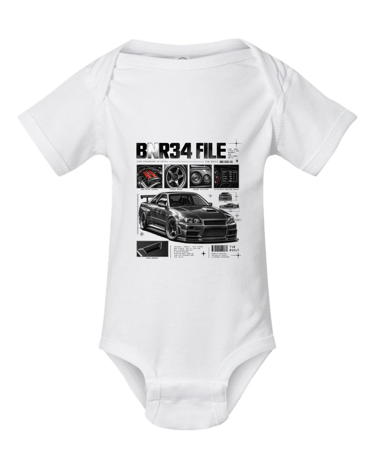 Dossier panel print of a Nissan Skyline GT-R R34 V-Spec II Nur with 718 built text white baby onesie front view with the design