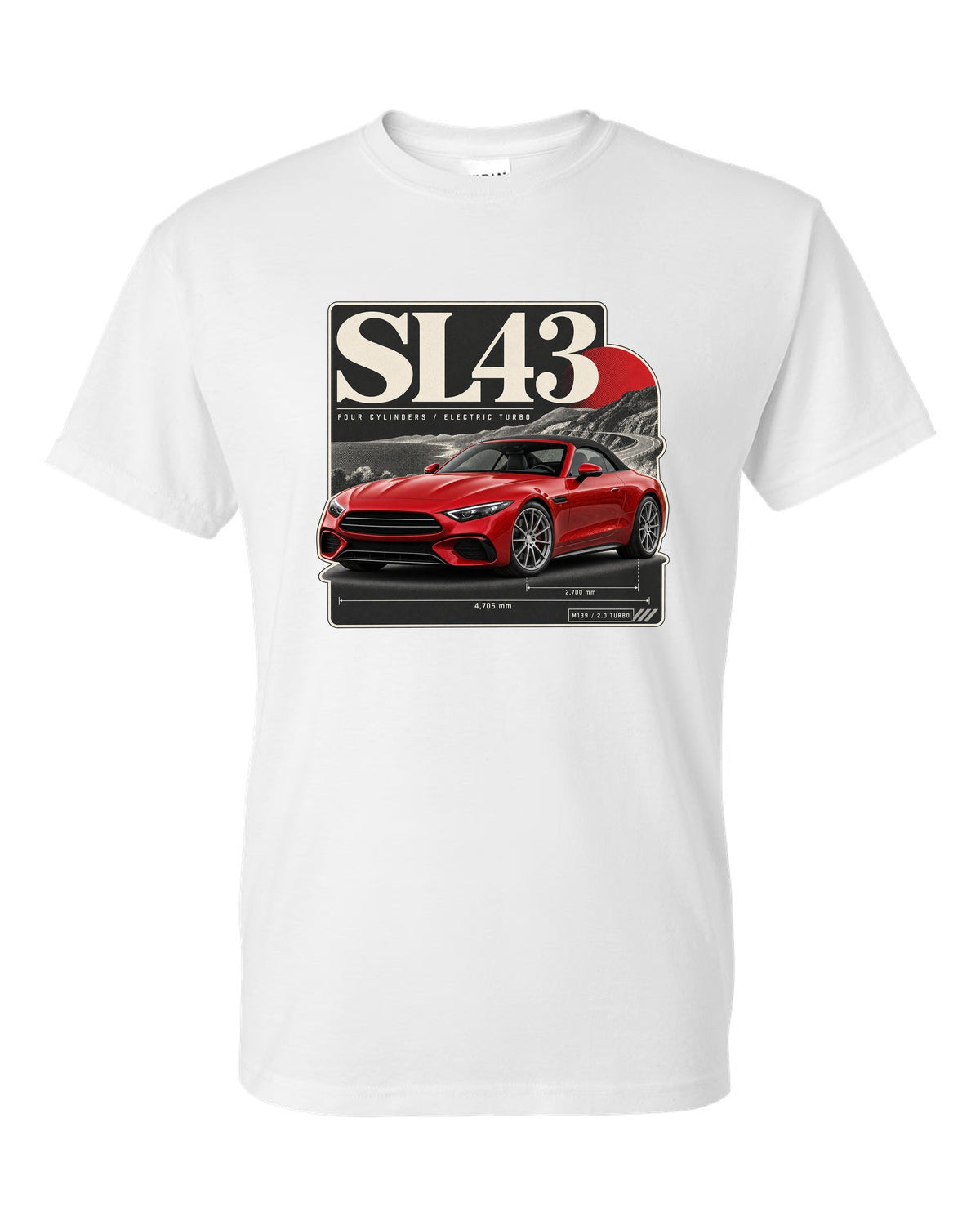 SL43 R232 Electric Turbo Editorial white t-shirt front view with the design
