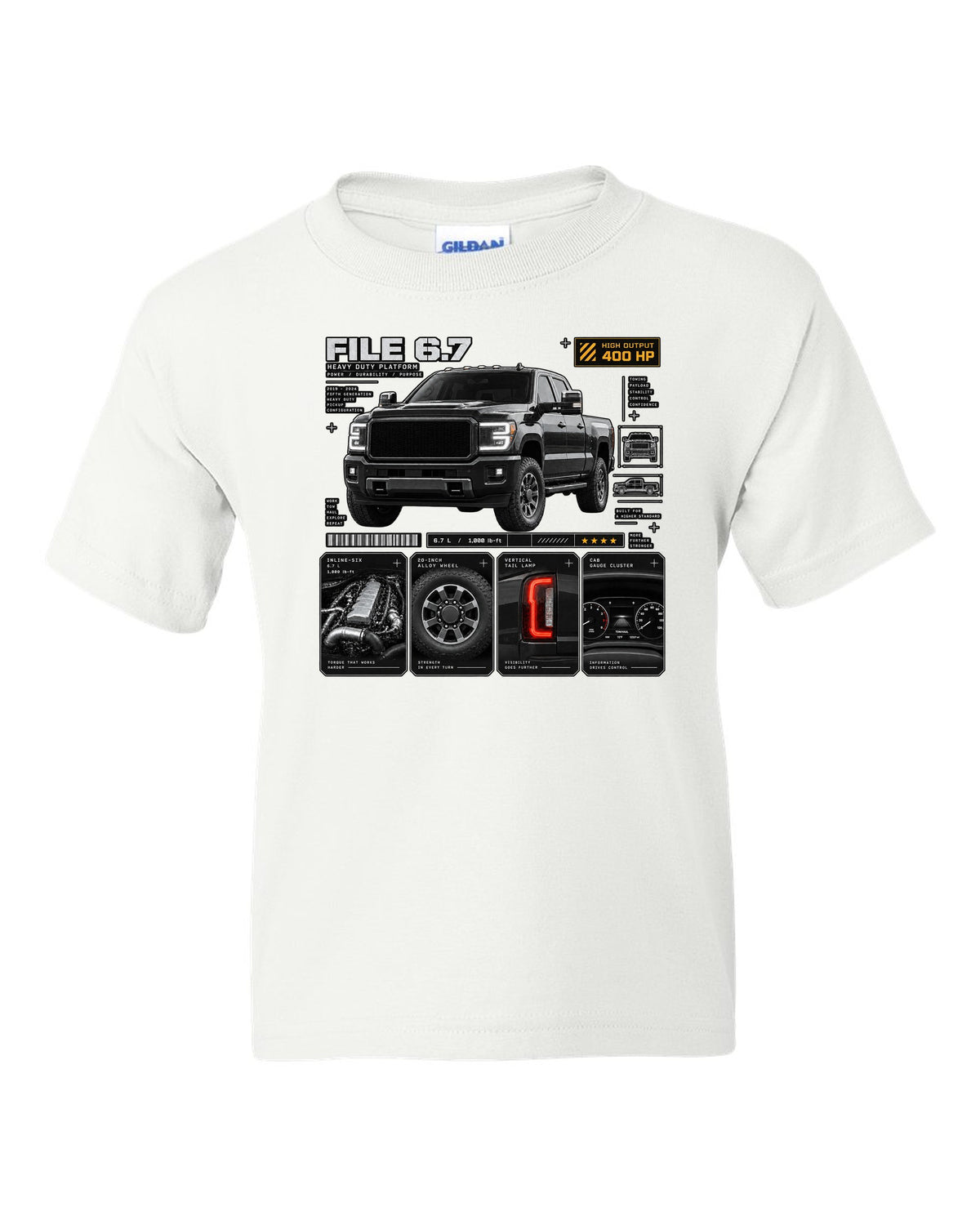 Dossier print of a 2019-24 Ram HD 2500 5th gen in a three-quarter front view white kids tee front view with the design