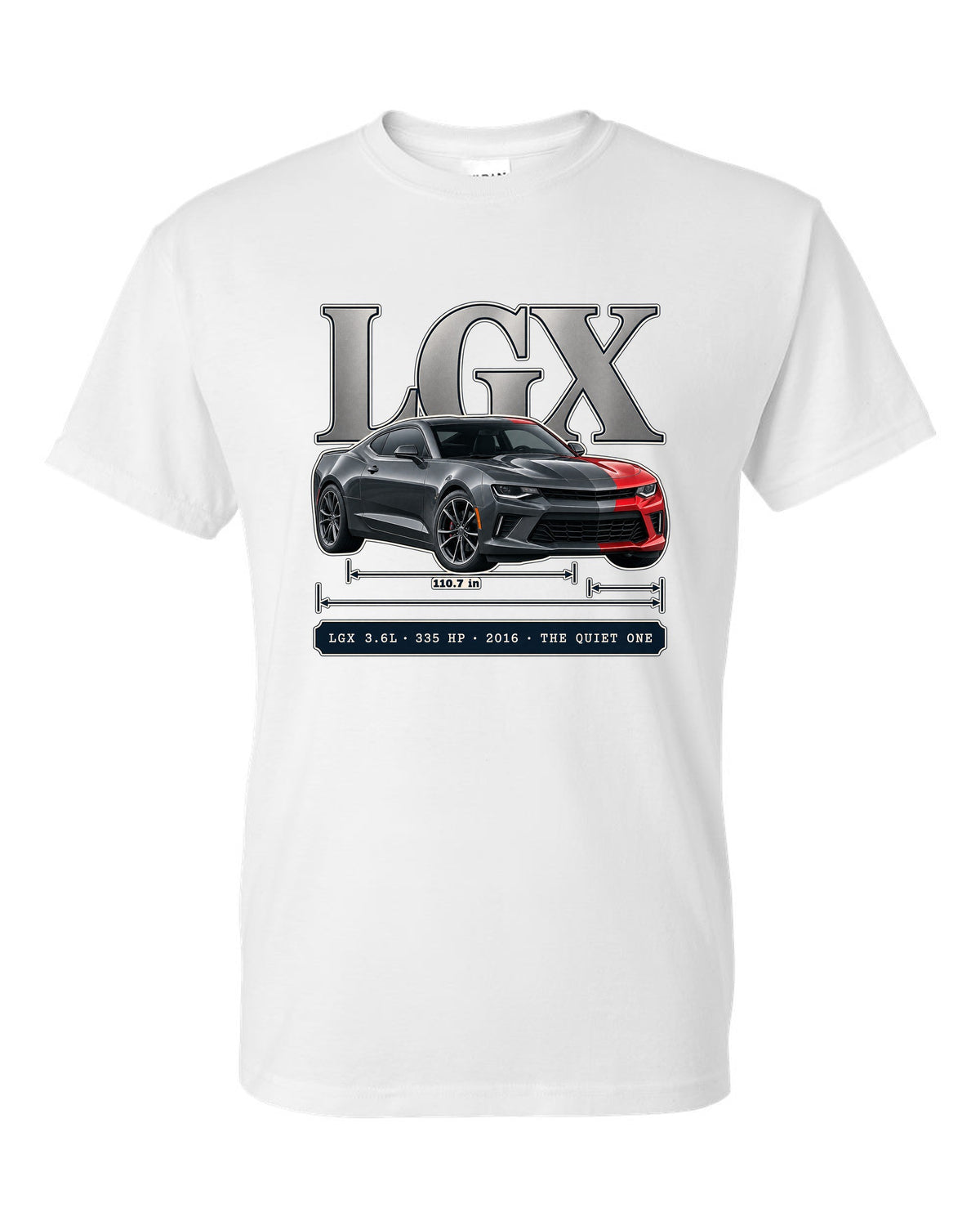 Archive panel print of a 2016 Chevrolet Camaro V6 with LGX 3.6L white t-shirt front view with the design
