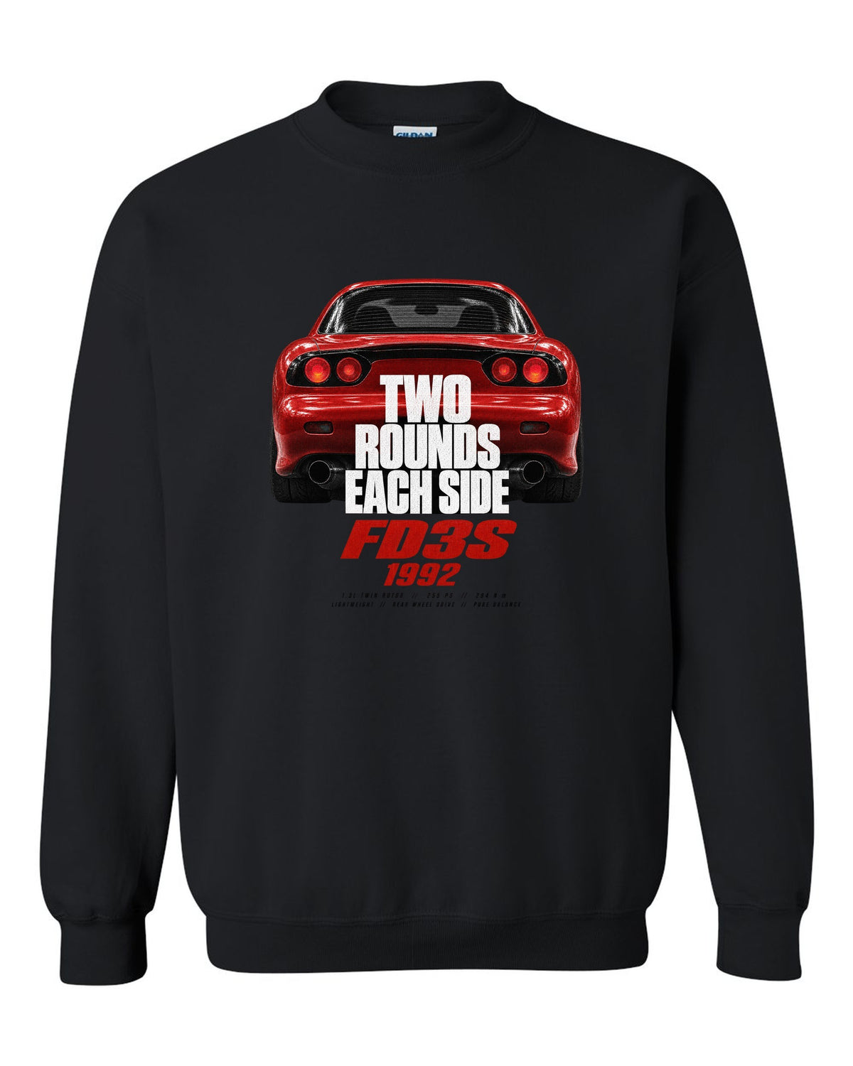 Taillight macro print of a Mazda RX-7 FD3S with round lamps black crewneck front view with the design
