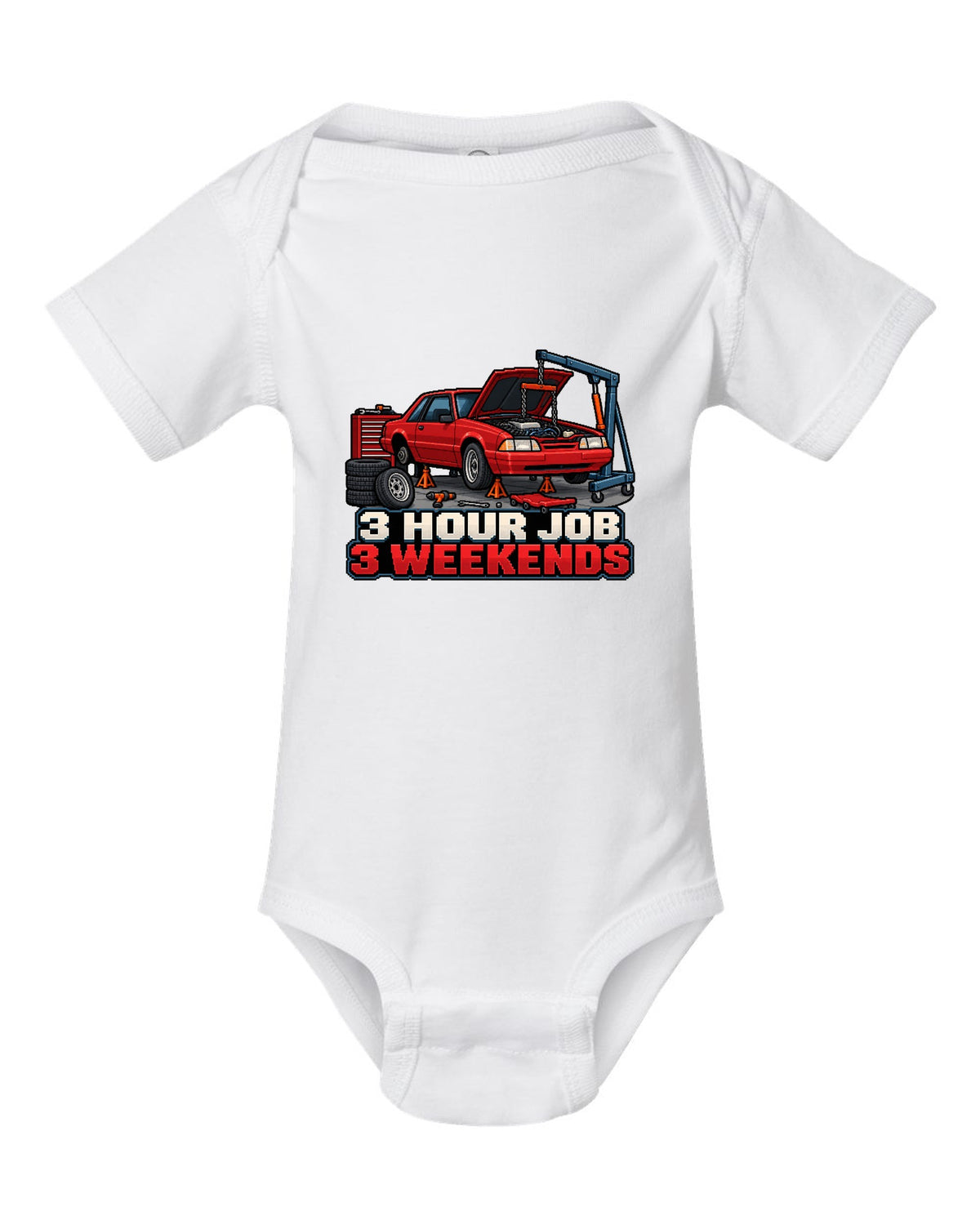 16-bit pixel art print of a 1989 Ford Mustang Fox Body notchback in a workshop white baby onesie front view with the design