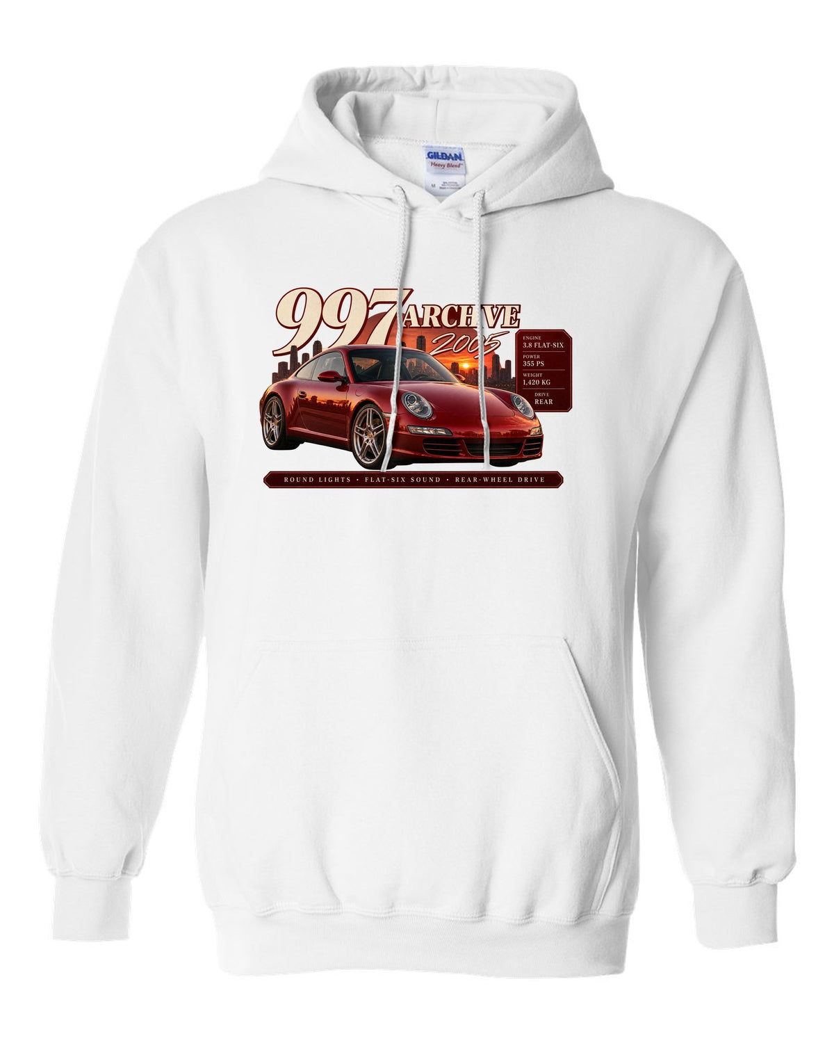 Archive panel print of a deep red Porsche 911 Carrera S 997.1 with 3.8 flat-six spec lines white pull over hoodie front view with the design