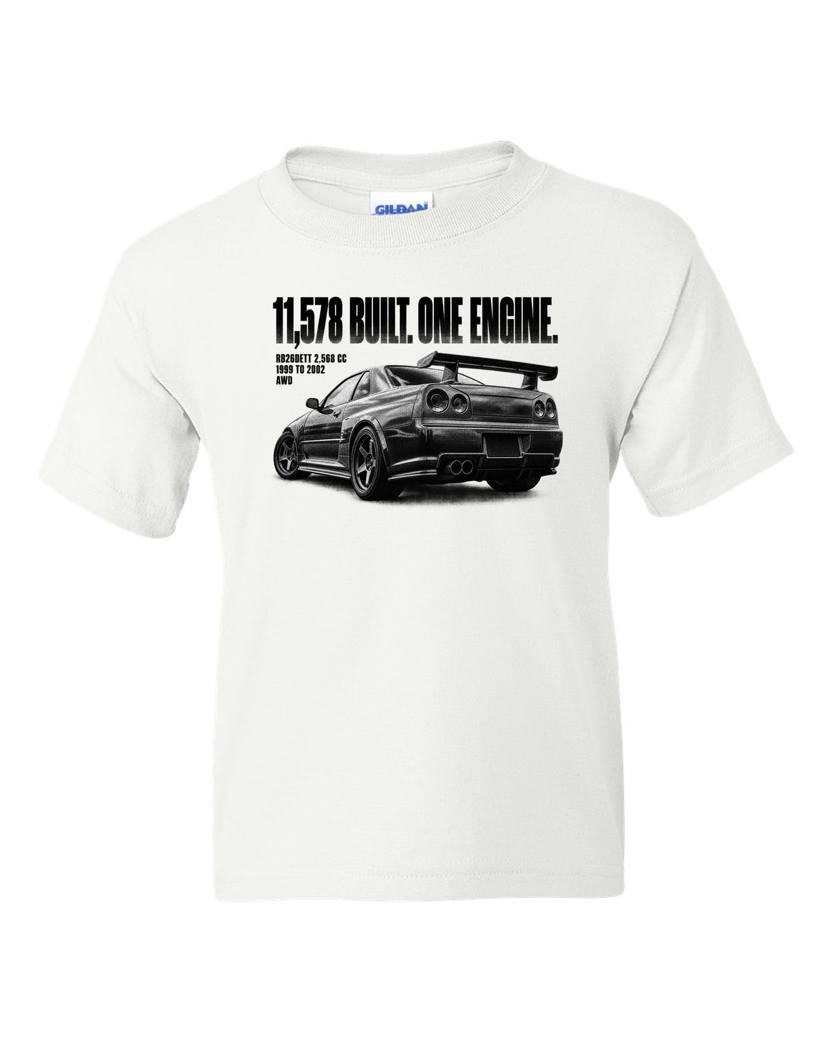 Halftone rear three-quarter view of a Nissan Skyline GT-R R34 with 11,578 built lettering white kids tee front view with the design