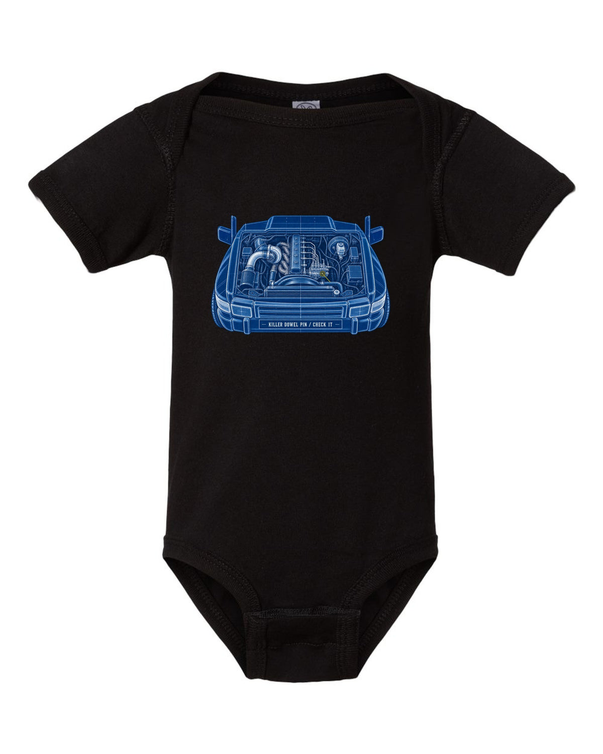 Cyanotype blueprint print of a 1994-1998 Dodge Ram 12V 5.9 Cummins engine bay black baby onesie front view with the design