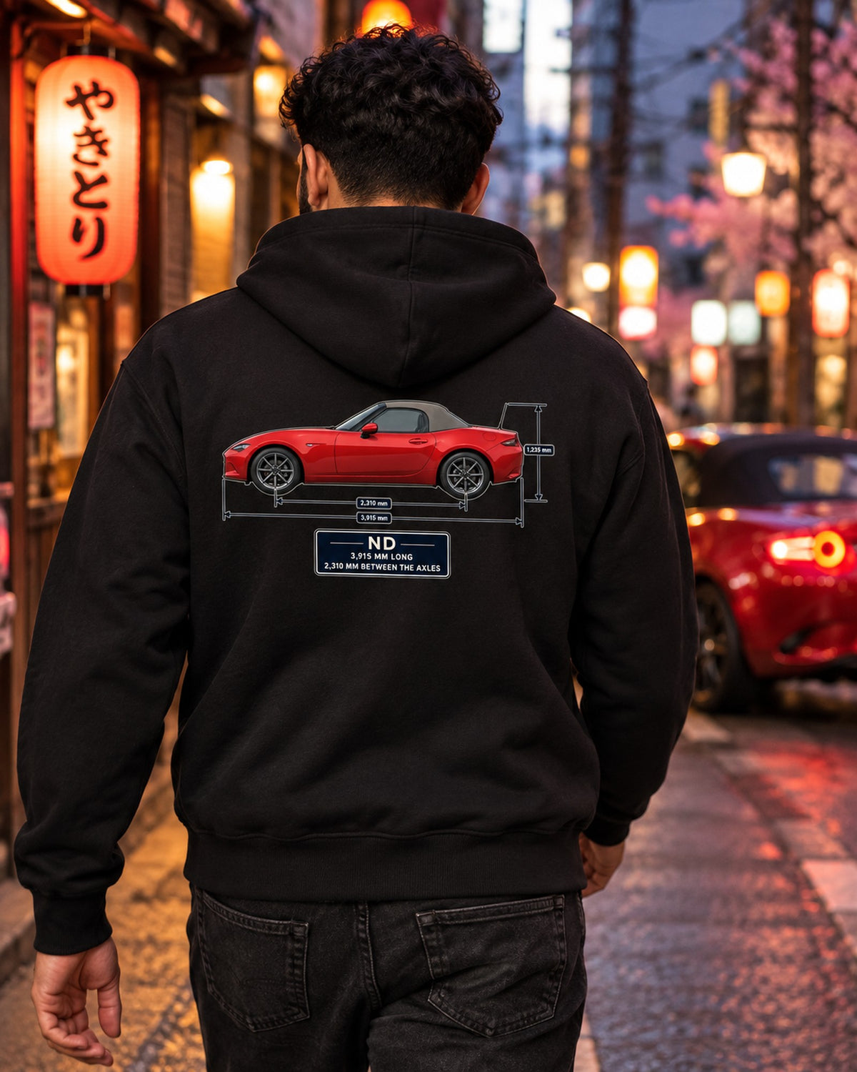 Mazda MX-5 ND1 Soft Top Dimension Blueprint Shirt, Miata Gift Zip Hoodie Black worn hero