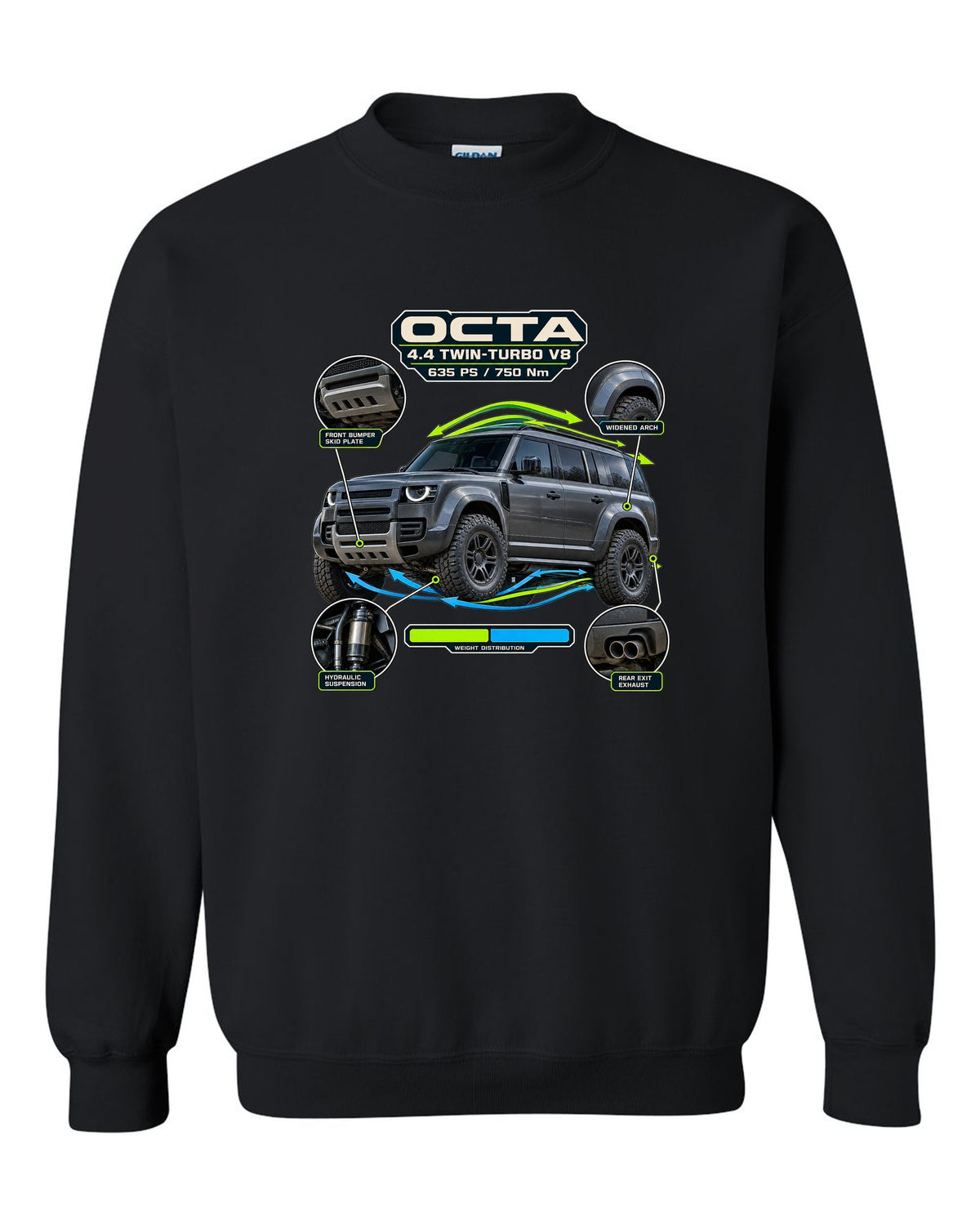 Aero callout print of the Land Rover Defender Octa with V8 power and torque figures black crewneck front view with the design