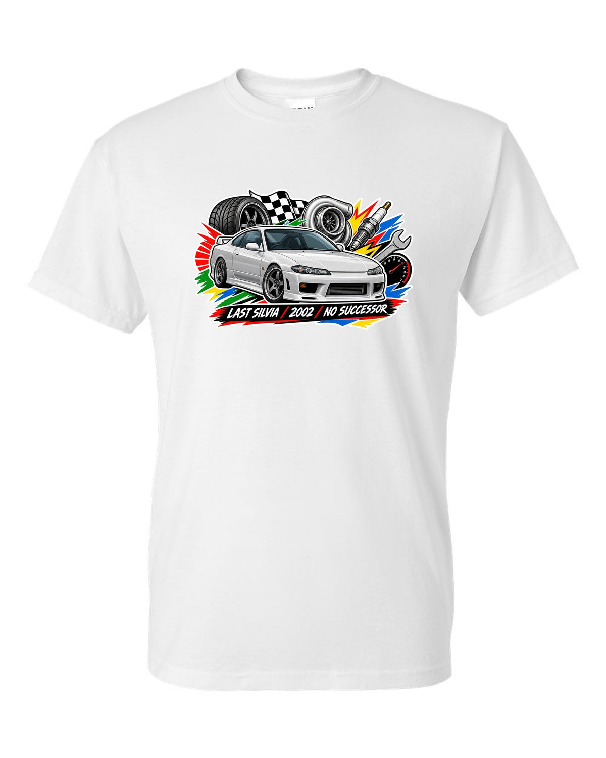 Sticker-bomb collage print for the Nissan Silvia S15 with last Silvia 2002 no successor lettering white t-shirt front view with the design