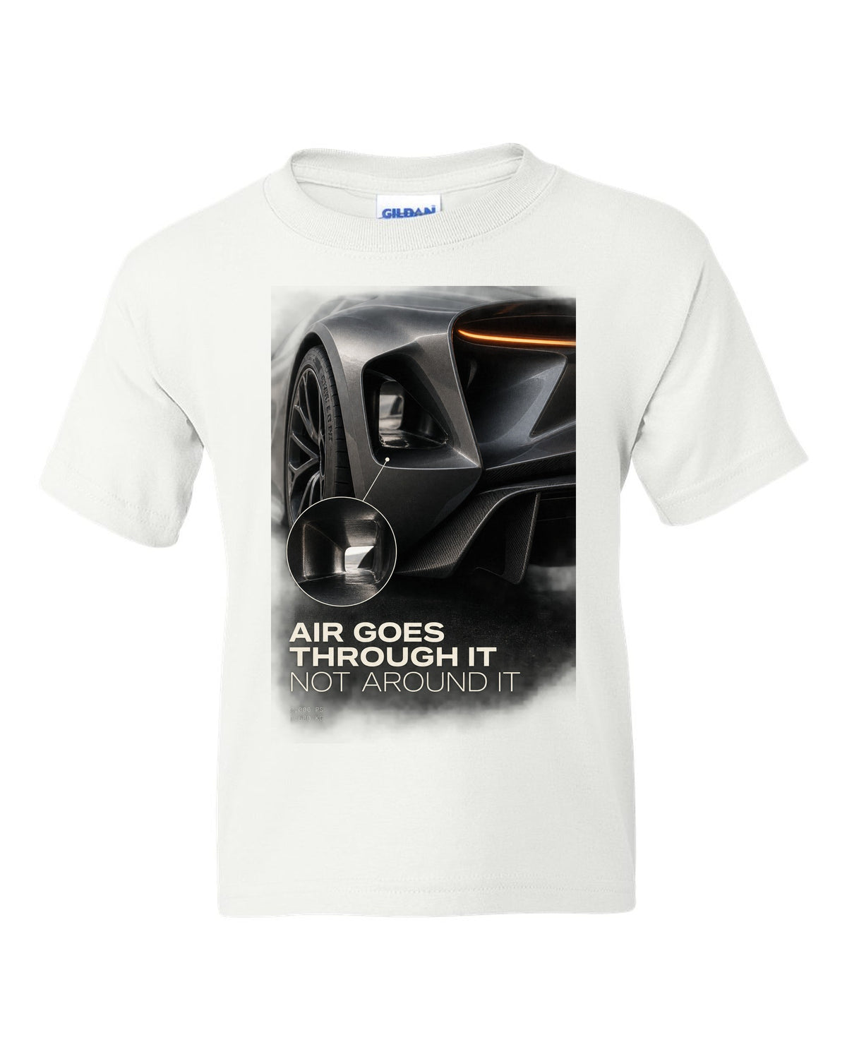 Lotus Evija rear three-quarter tunnel macro print with air goes through it text white kids tee front view with the design