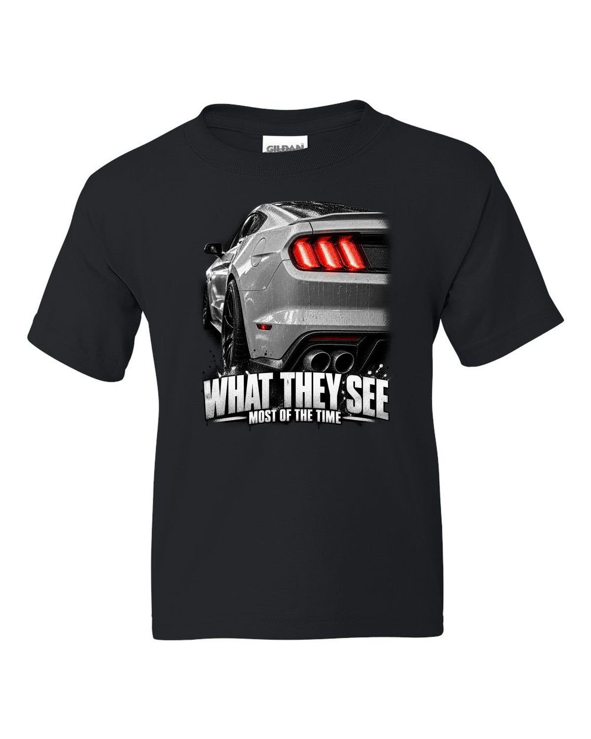 Macro print of a 2015-17 Ford Mustang S550 GT taillight black kids tee front view with the design