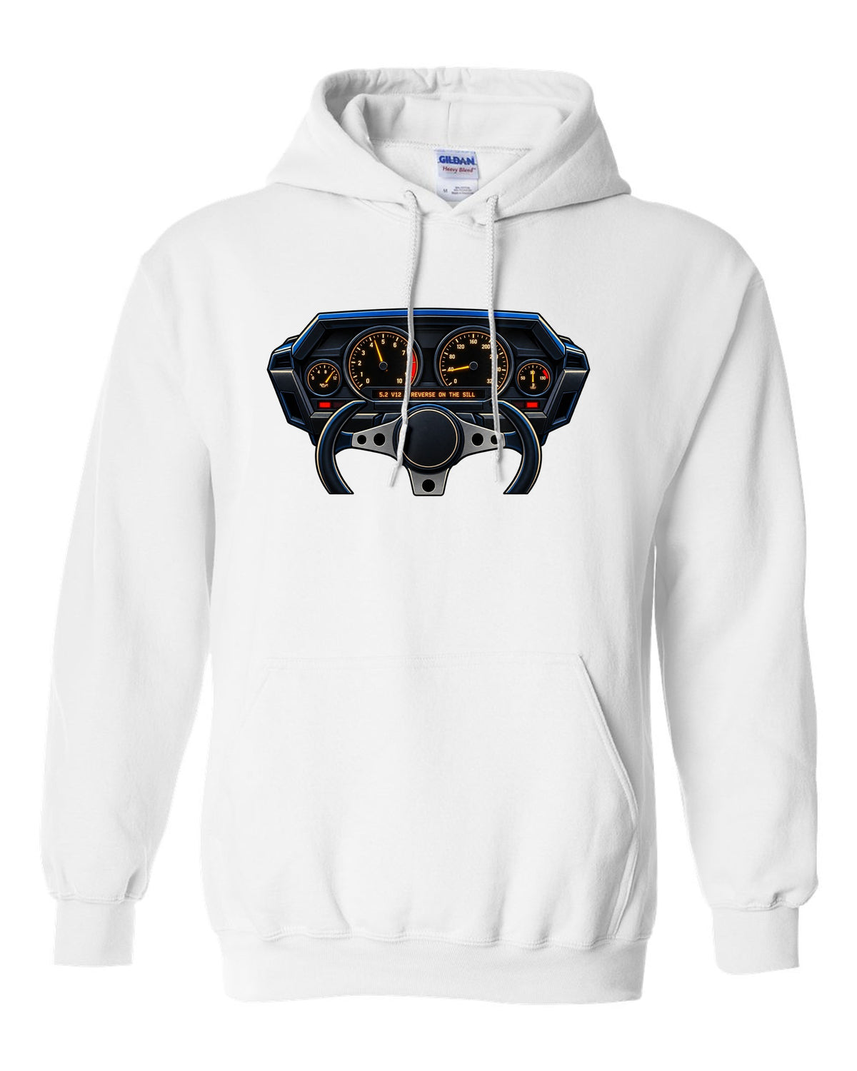 Gauge cluster graphic for a Lamborghini Countach LP5000 QV with 5.2 V12 lettering white pull over hoodie front view with the design