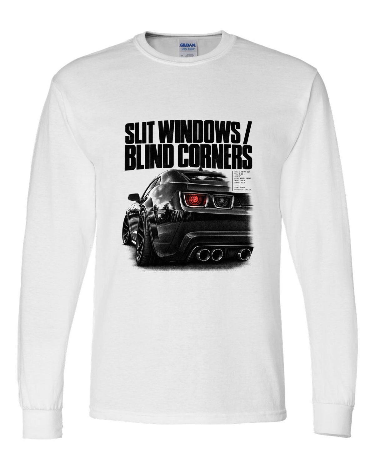 Rear three-quarter taillight print of a 2011 Chevrolet Camaro SS with slit windows text white long sleeve front view with the design