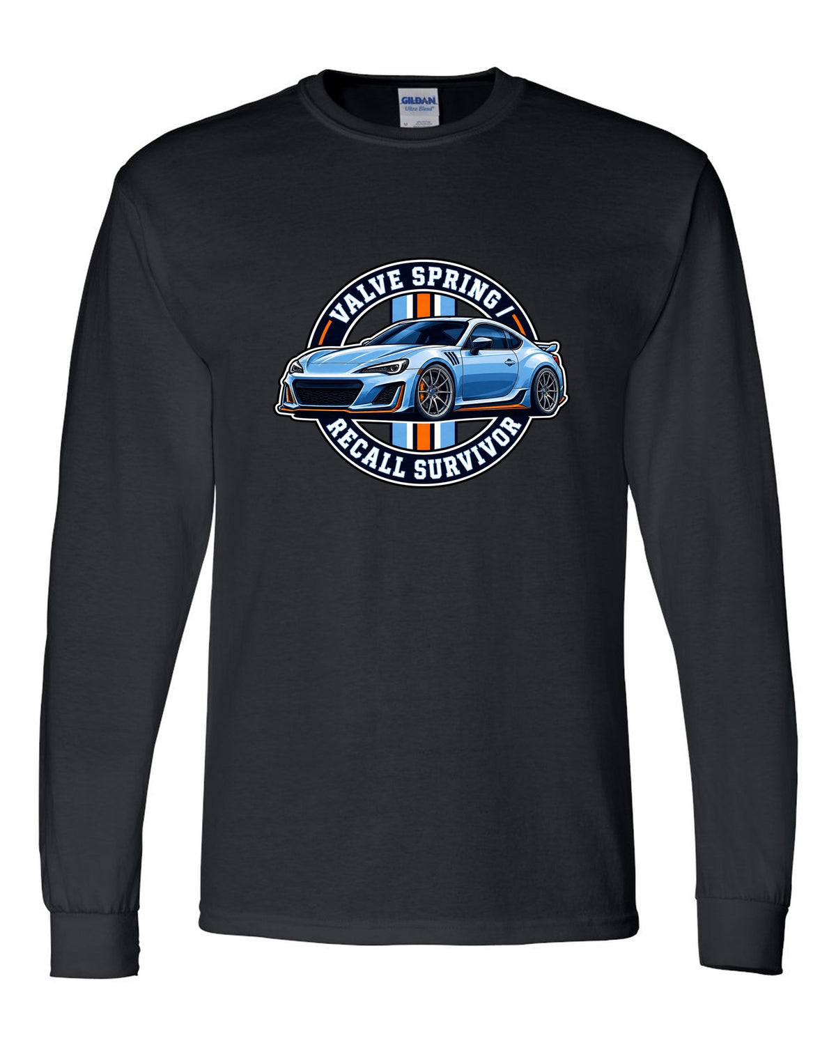 Round varsity crest design for a Subaru BRZ ZC6 reading valve spring recall survivor black long sleeve front view with the design