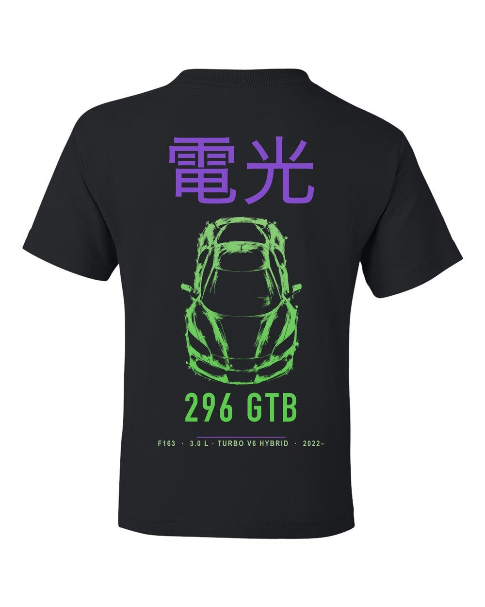 296 GTB full-back artwork black kids tee back view with the design