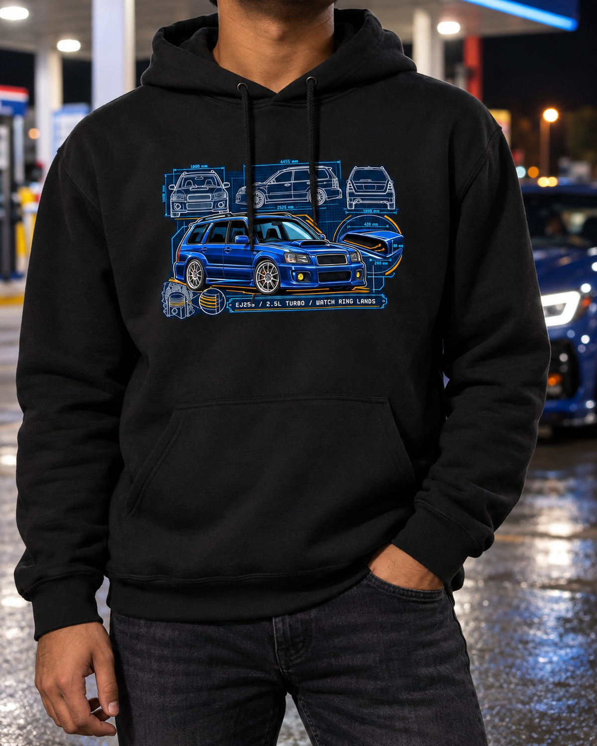 Subaru Forester SG9 EJ255 Scoop Blueprint Sleeper Tee Pull Over Hoodie Black worn hero