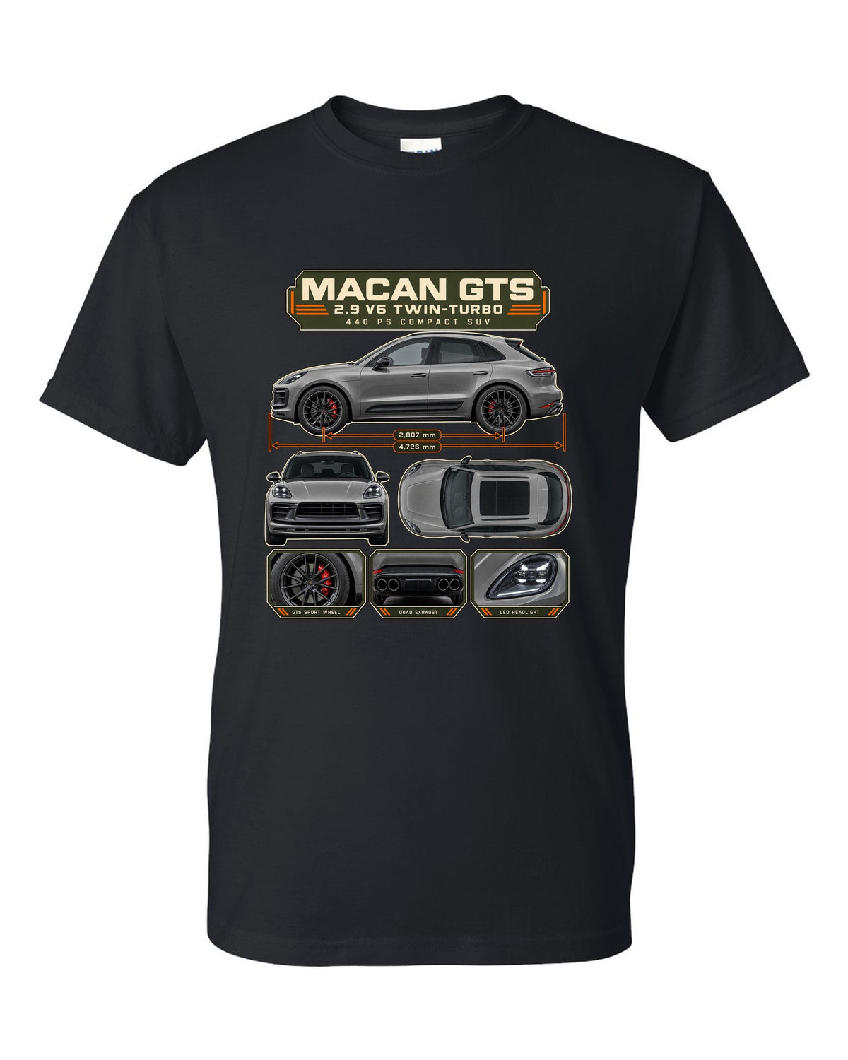 Porsche Macan GTS 95B Dossier Tee, 2.9 V6 Twin-Turbo black t-shirt front view with the design