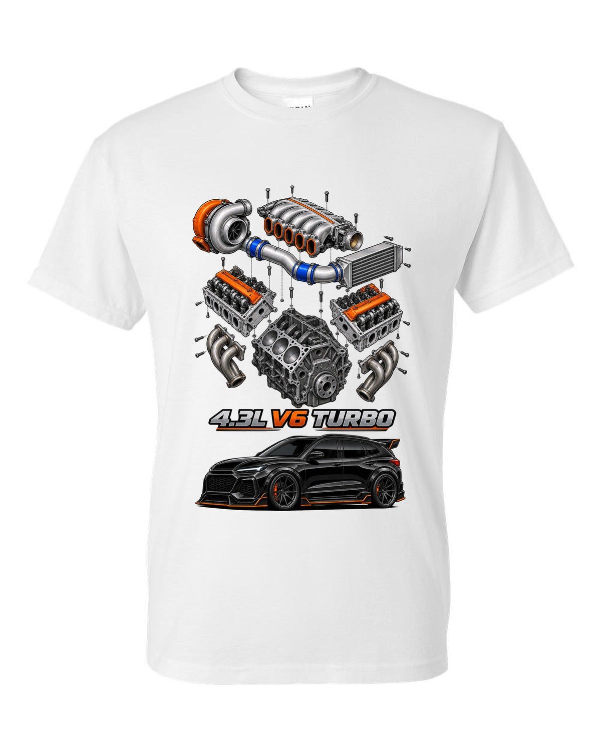 Exploded cutaway drawing of the 4.3L turbo V6 engine in a 1992-93 GMC Typhoon, printed on a shirt back white t-shirt front view with the design
