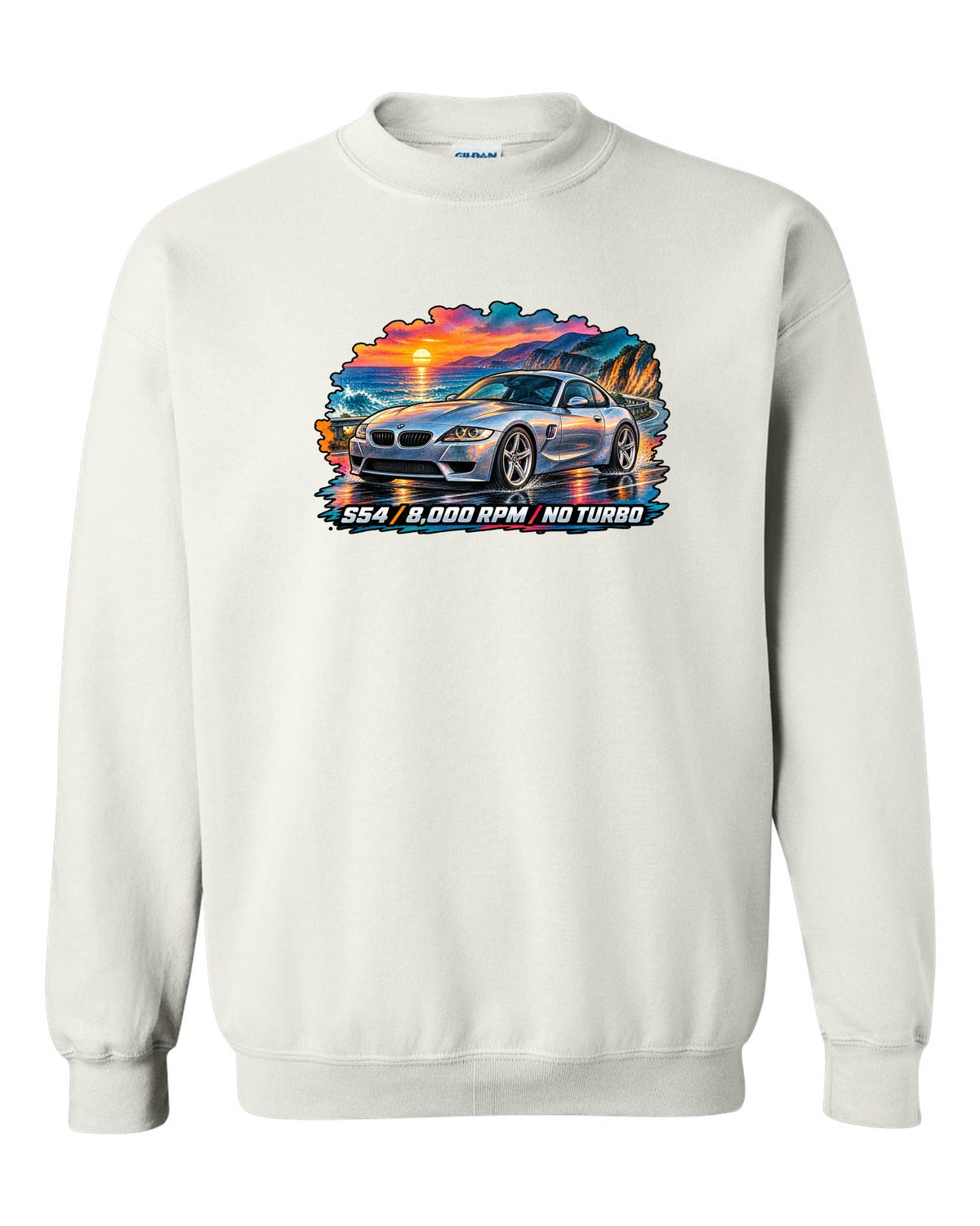 BMW Z3 M Coupe 16-bit pixel art print with Clown Shoe 3.2 text white crewneck front view with the design