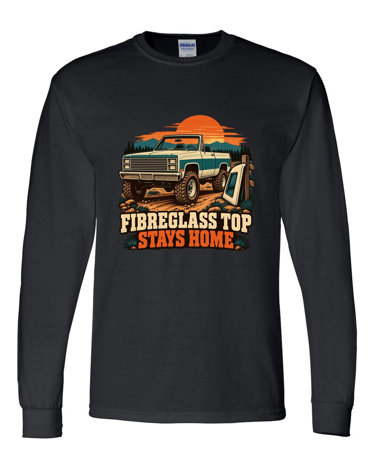 Retro two-colour print of a 1973-91 Chevrolet K5 Blazer with the top removed and FIBREGLASS TOP STAYS HOME text black long sleeve front view with the design