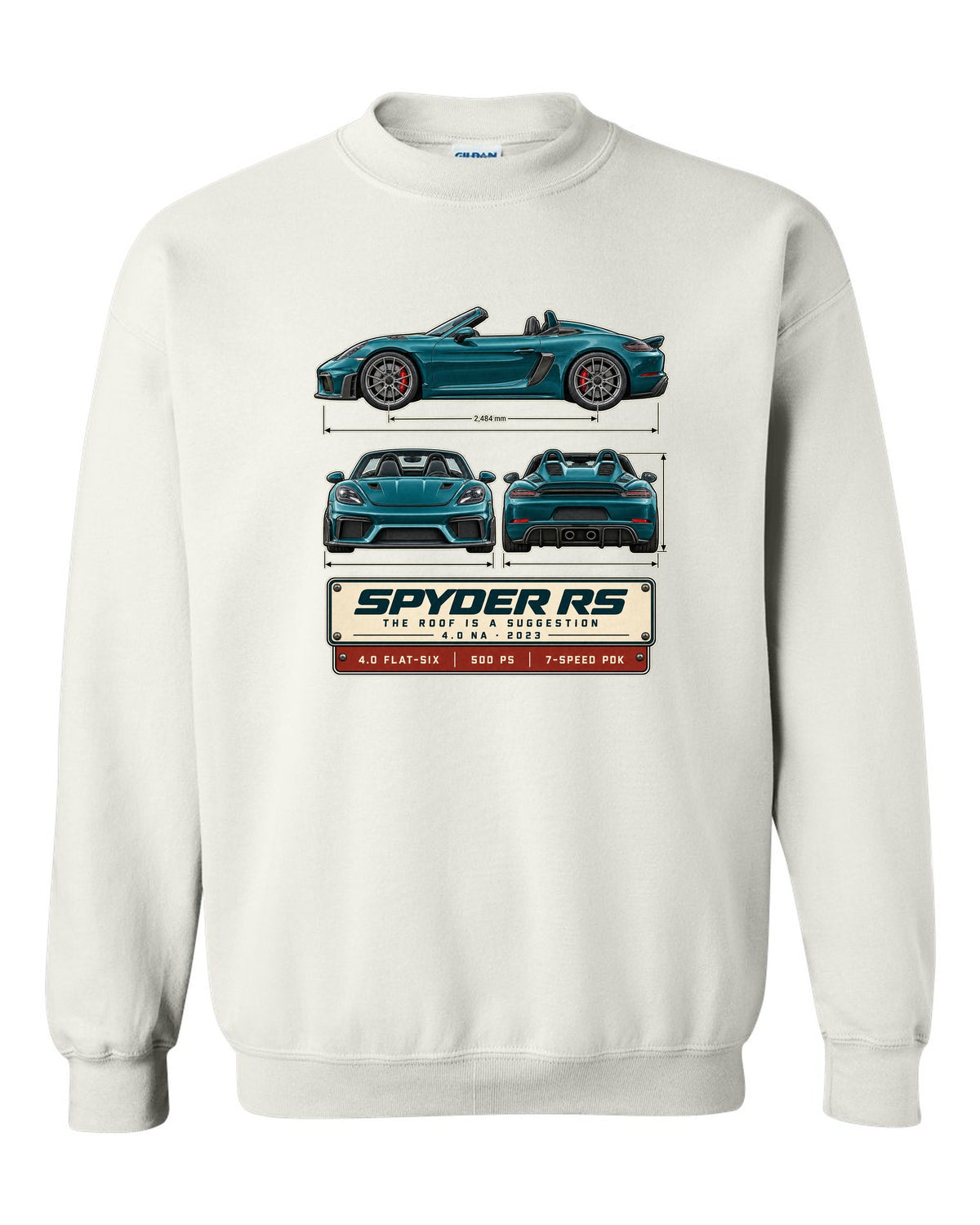 Three-view spec print of a Porsche 718 Spyder RS 982 white crewneck front view with the design