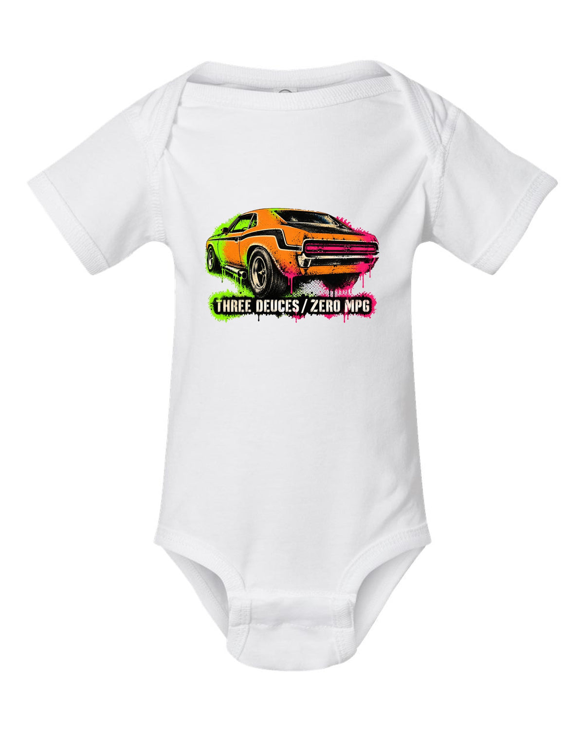 1970 Dodge Challenger T/A gas-station stencil spray paint print with Three Deuces Zero MPG text white baby onesie front view with the design