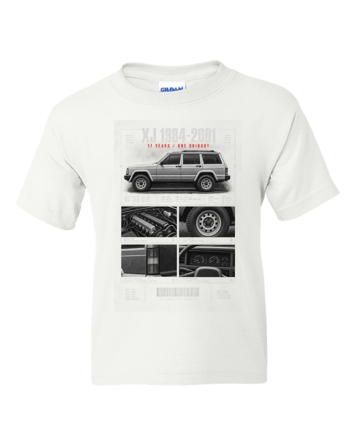 Jeep Cherokee XJ dossier panel print marking 1984 to 2001 white kids tee front view with the design