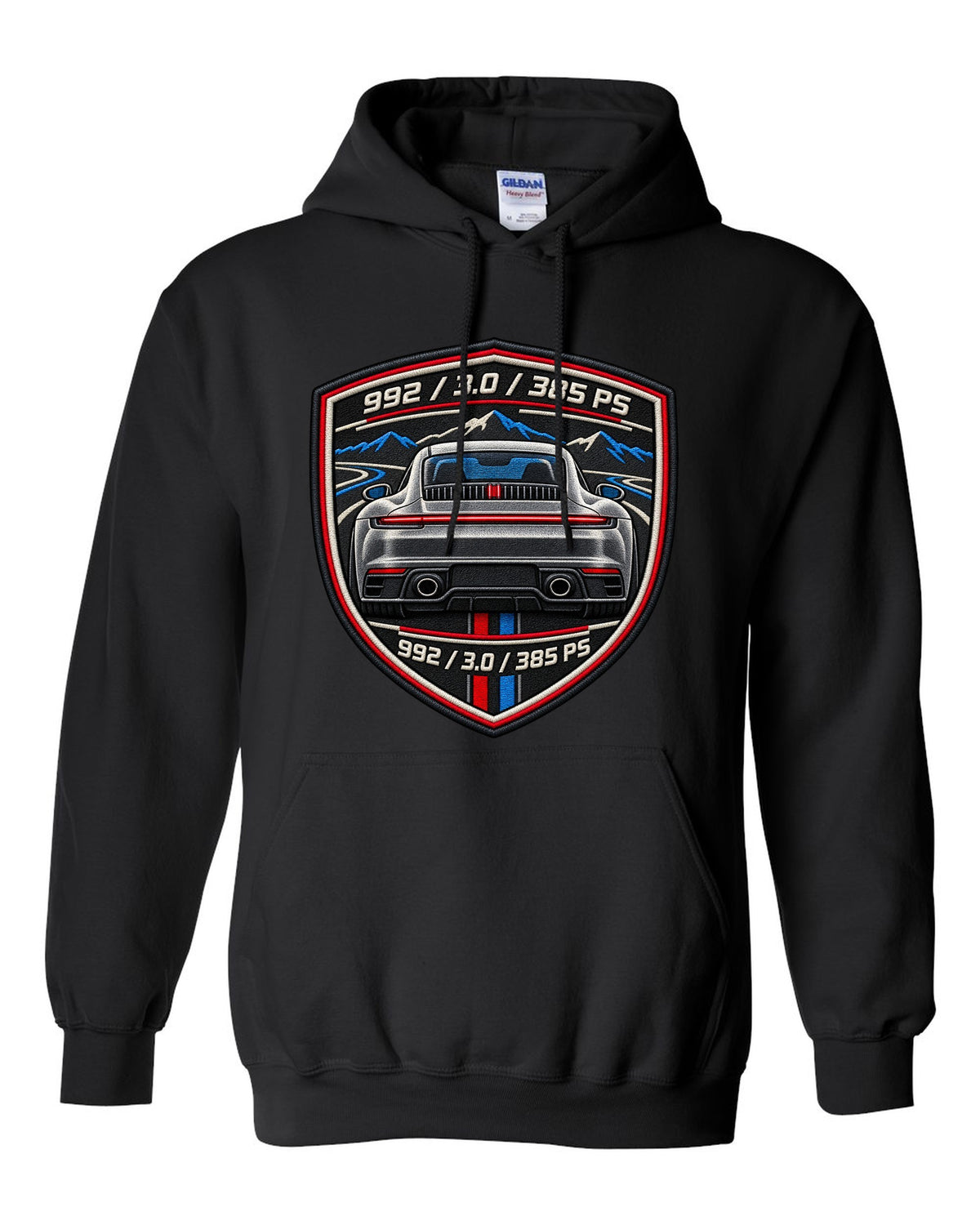 Round crest print of a Porsche 911 992 with the text 992, 3.0 and 385 PS black pull over hoodie front view with the design