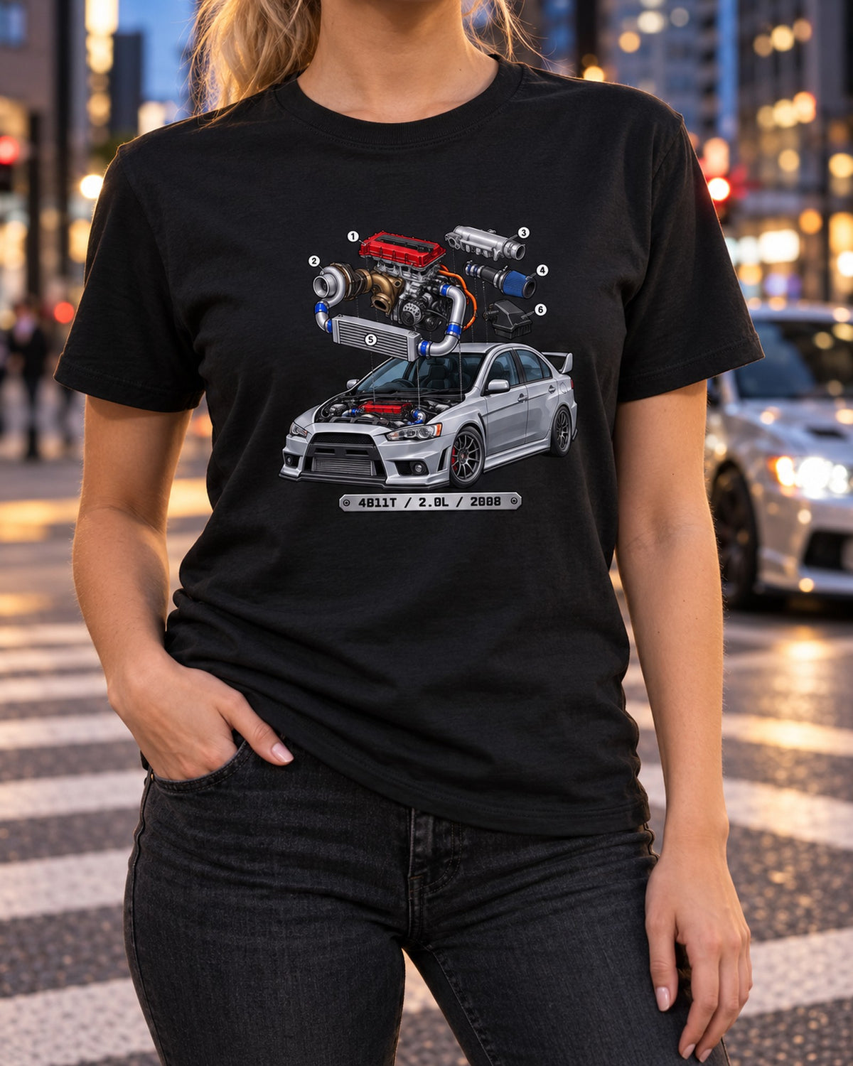 Evo X CZ4A Exploded Turbo Bay Shirt, 4B11T Engine Diagram Tee T-Shirt Black worn hero