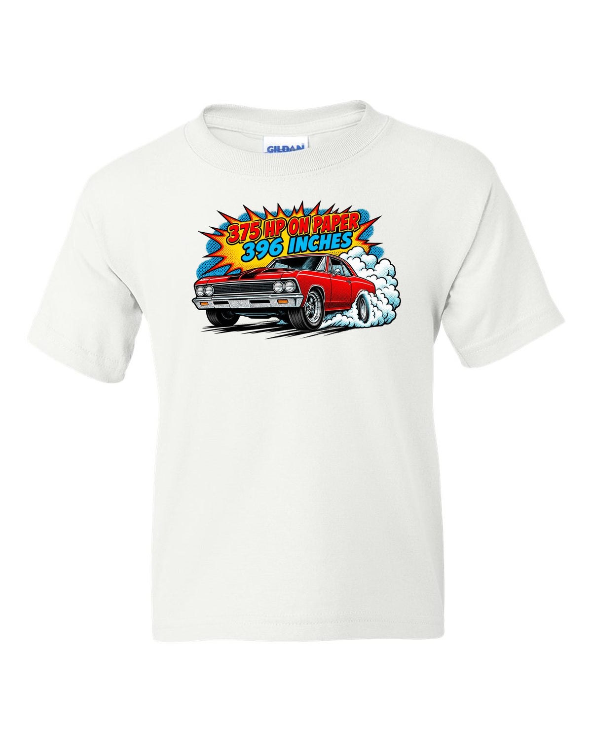 Comic halftone print of a 1966 Chevelle Malibu SS burnout with the text 375 HP on paper, 396 inches white kids tee front view with the design