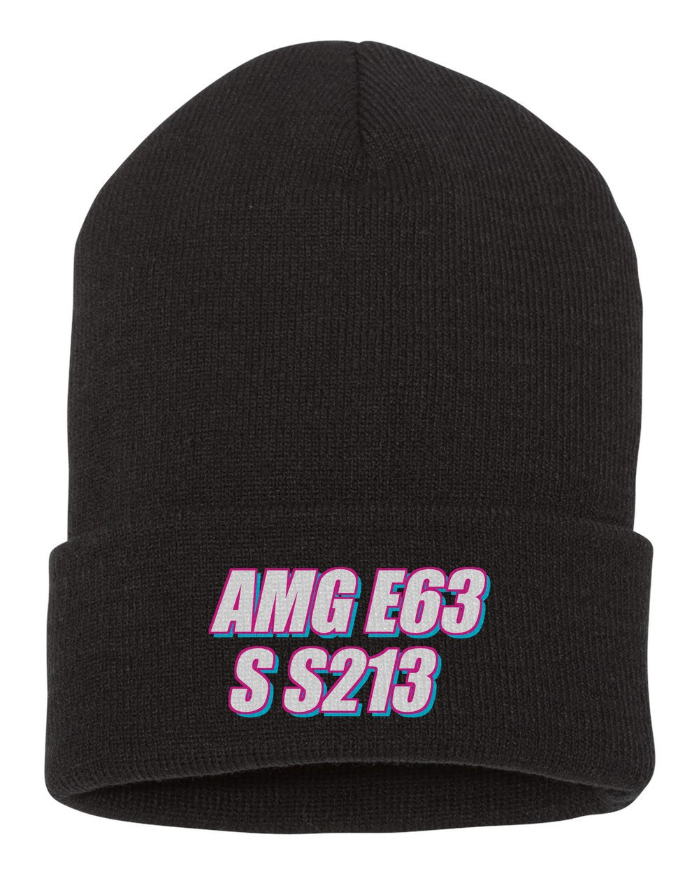 Amg E63 S S213 black beanie front view with car name