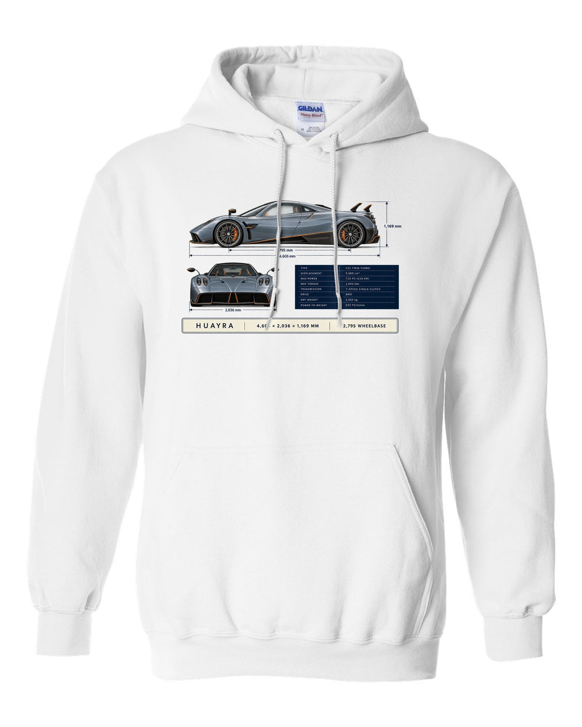 Dimension blueprint print of the Pagani Huayra coupe with 4,605 x 2,036 x 1,169 mm and 2,795 wheelbase white pull over hoodie front view with the design